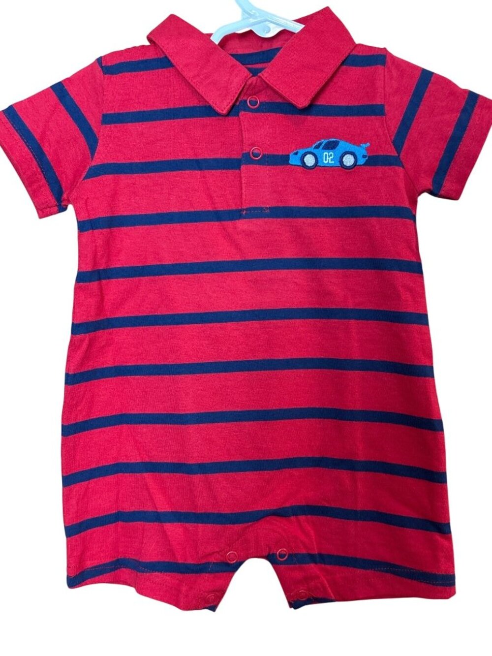 Baby Boy Red & Navy Striped Polo Romper With Car Applique - 6-9 Months